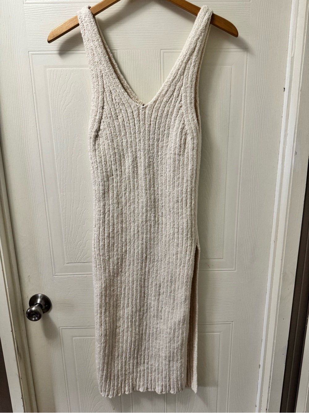 Free People Cream Ribbed Midi Tank Dress with Side Slit